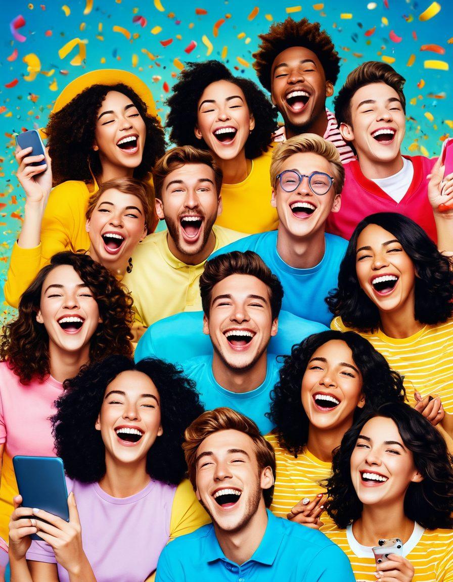 A collage of joyful moments showcasing people laughing and smiling while watching hilarious short videos on various devices. Include playful elements like confetti and emojis floating around, with a vibrant background depicting a sunny day. Capture the essence of happiness and fun in a whimsical art style. cartoonish. vibrant colors. playful background.