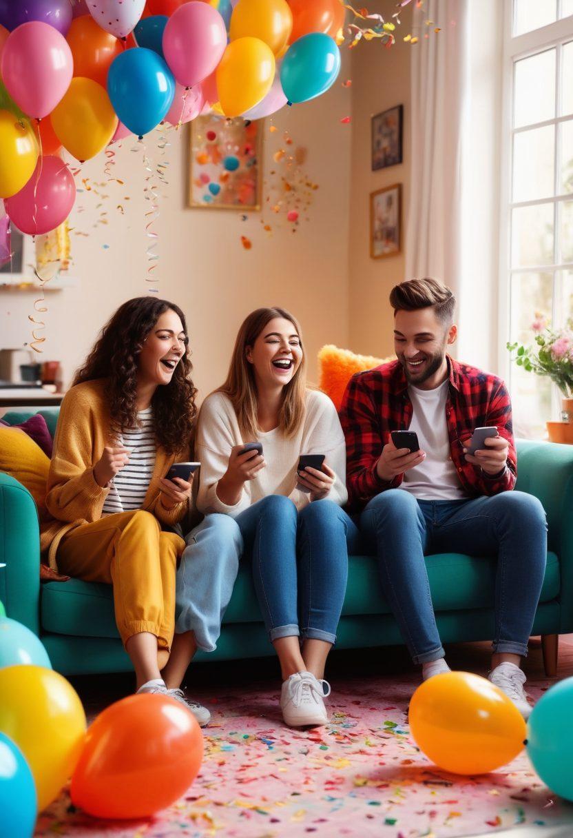 A cheerful scene featuring a diverse group of people laughing together while watching funny short videos on their smartphones. Background filled with vibrant colors of balloons, confetti, and playful cartoon elements. Characters displaying various emotions of joy and amusement. The setting includes a cozy living room with soft light and comfy furniture, inviting a sense of togetherness. cartoon style. bright and colorful.